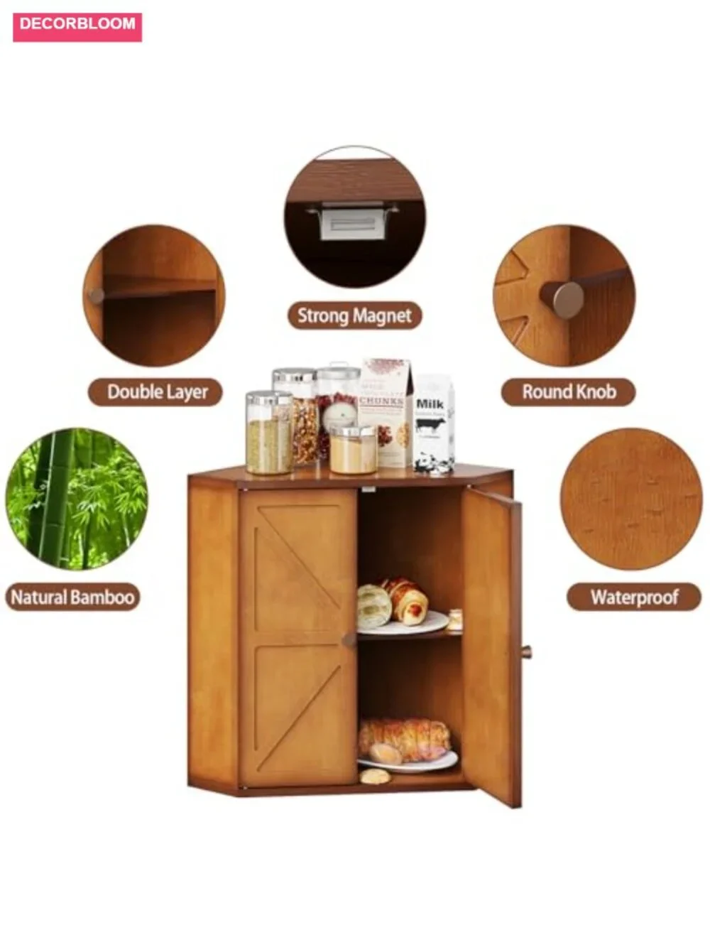 Large Bamboo Bread Box Double Layer Kitchen Counter Storage